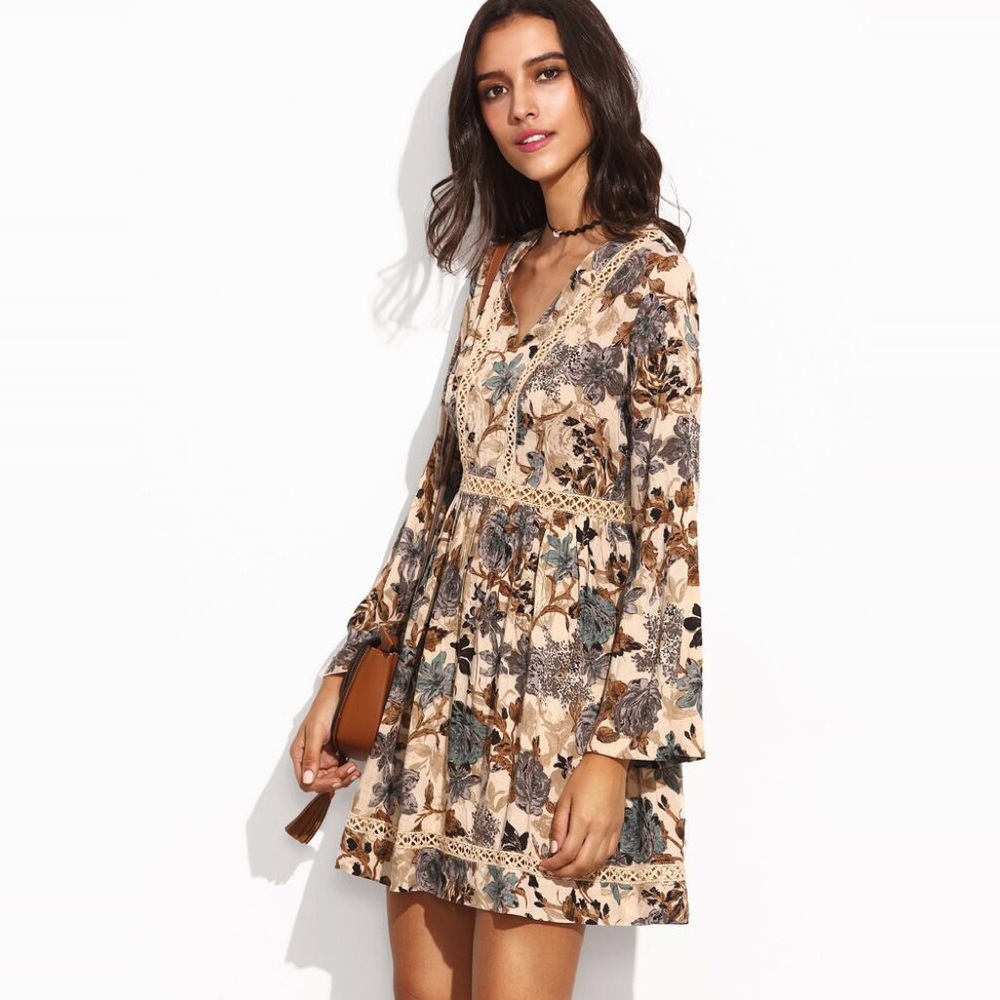 Flared Sleeve Open Crochet Inset Vintage Floral Babydoll Dress - Picture 8 of 8